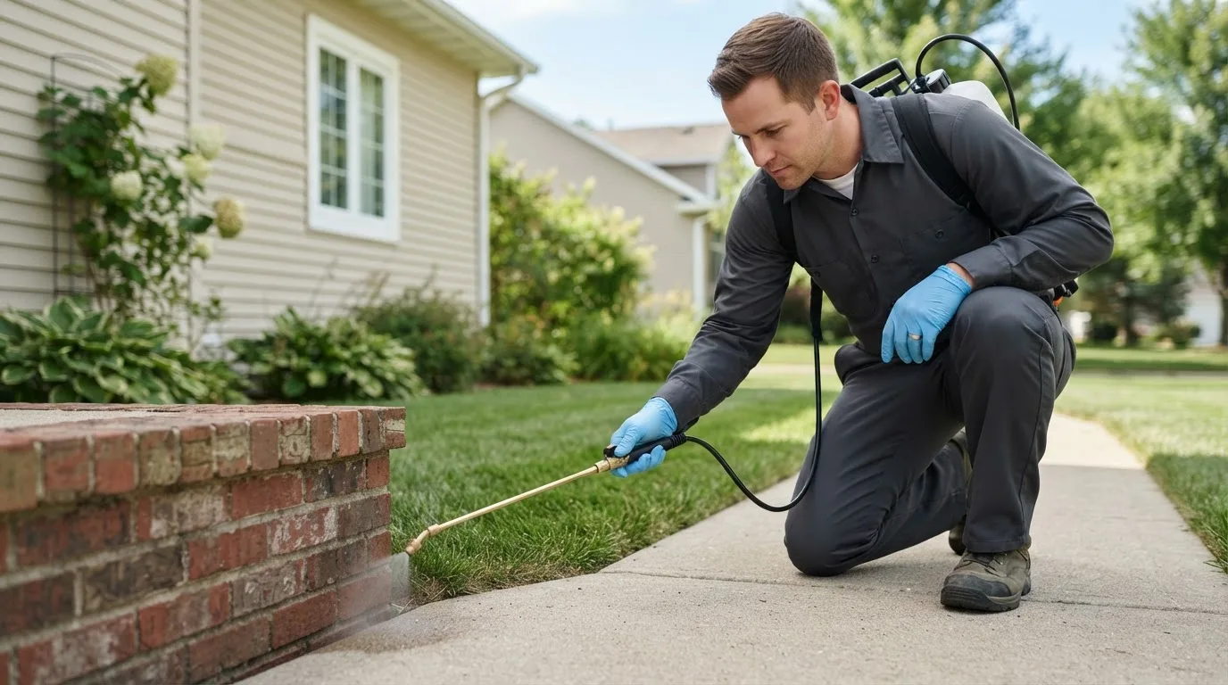Pest control technician treating a home near Lisle, IL